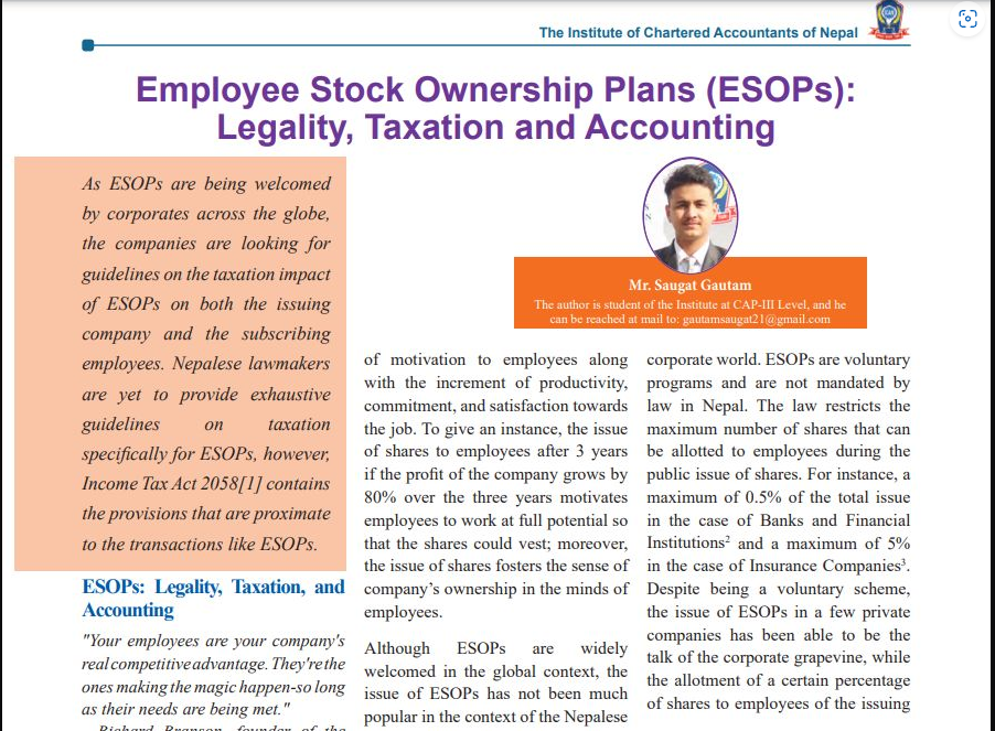 My article on ESOPs: Legality, Taxation, and Accounting has been featured in the ICAN Journal (June 2022).